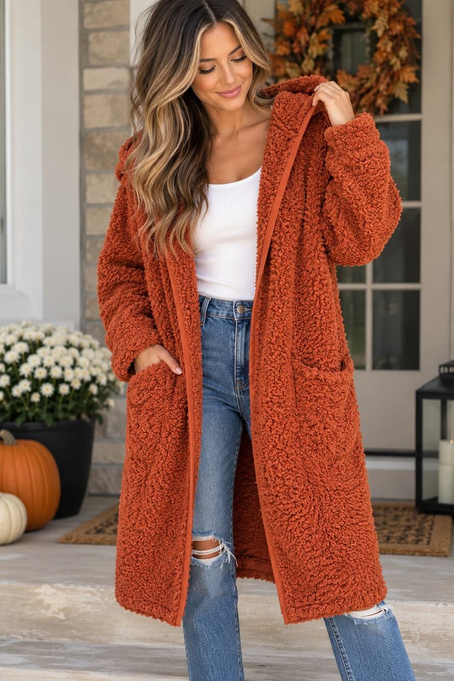 Me Jane Rust Orange Teddy Fleece Hooded Duster Oversized Size S/M Cozy Jacket